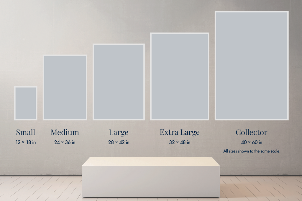 Comparison of five fine-art print sizes, from Small 12 × 18 inches to Collector 40 × 60 inches, shown proportionally on a wall.