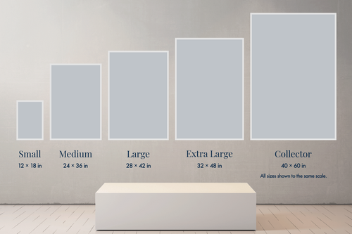 [CA_ONLY]
Comparison of five fine-art print sizes, from Small 12 × 18 inches to Collector 40 × 60 inches, shown proportionally on a wall.