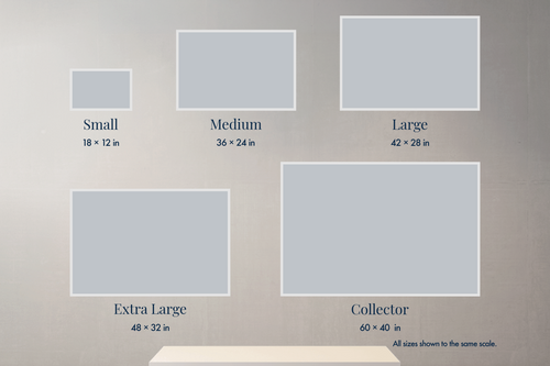 [CA_ONLY]
Comparison of five fine-art print sizes, from Small 18 × 12 inches to Collector 60 × 40 inches, shown proportionally on a wall.
