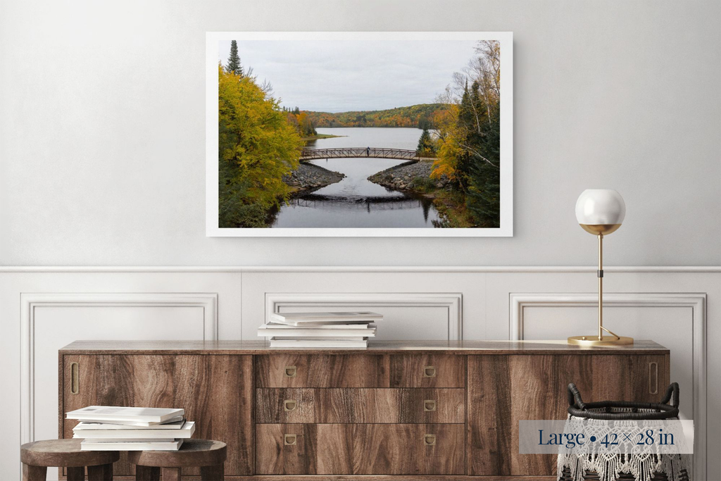 Large: A Season Between Generations shown as a Large 42 × 28-inch print above a sideboard.