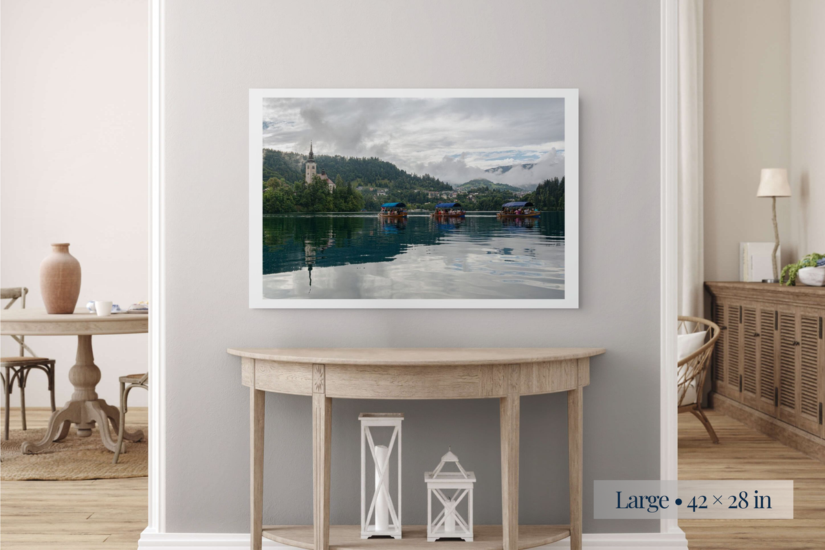 Large: As If for the First Time shown as a Large 42 × 28-inch print above a console table.
