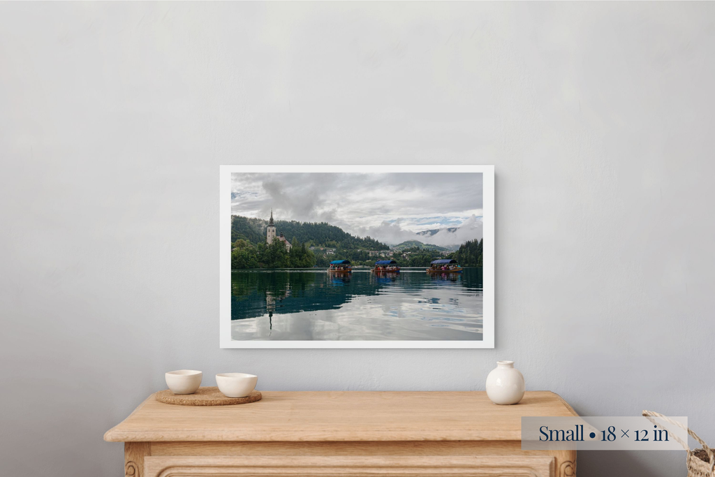Small: As If for the First Time shown as a Small 18 × 12-inch print above a nightstand.