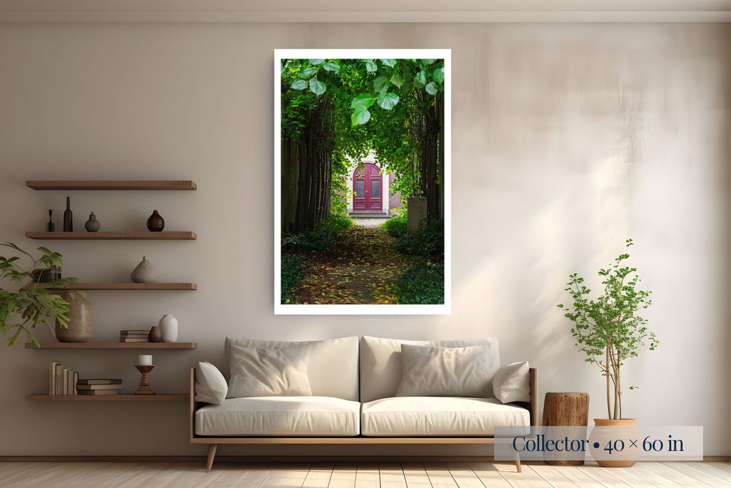 Collector: Fragments Beyond the Gate shown as a Collector 40 × 60-inch print above a sofa.