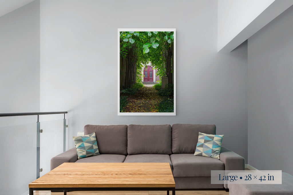 Large: Fragments Beyond the Gate shown as a Large 28 × 42-inch print above a sofa.