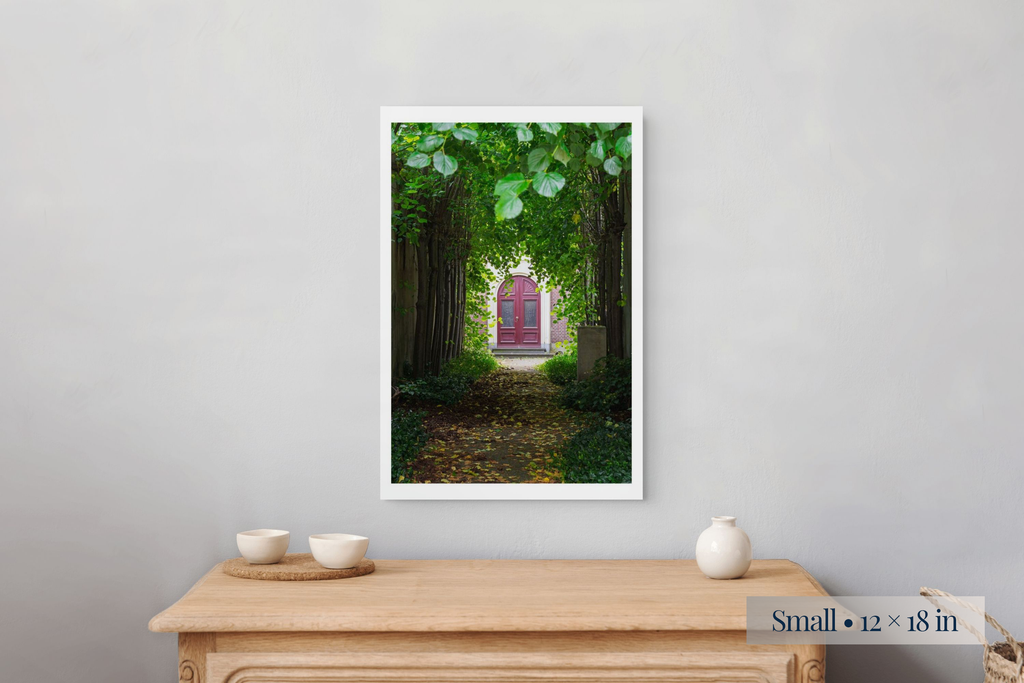 Small: Fragments Beyond the Gate shown as a Small 12 × 18-inch print above a nightstand.