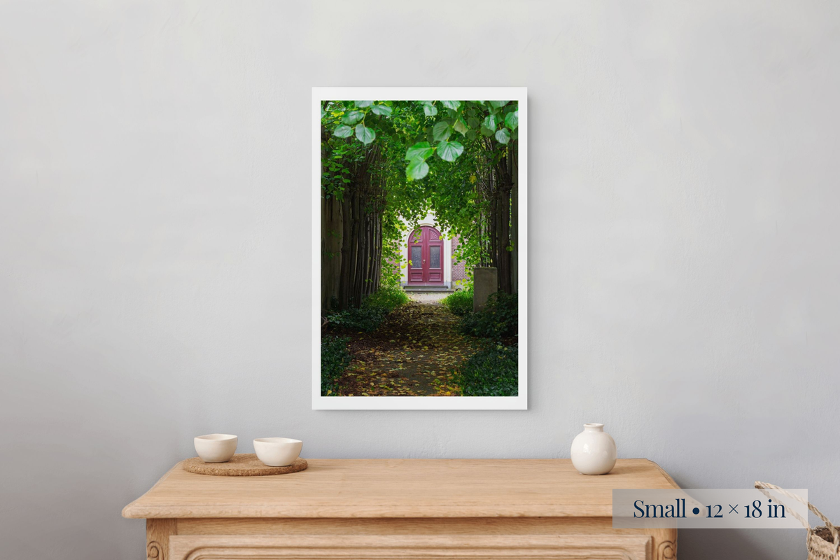 Small: Fragments Beyond the Gate shown as a Small 12 × 18-inch print above a nightstand.