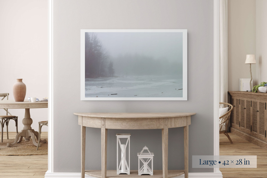 Large: More Than What Is Evident shown as a Large 42 × 28-inch print above a console table.