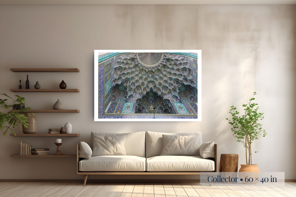 Collector: The Celestial World shown as a Collector 60 × 40-inch print above a sofa.