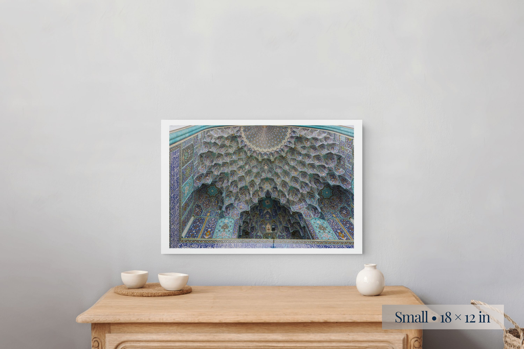 Small: The Celestial World shown as a Small 18 × 12-inch print above a nightstand.