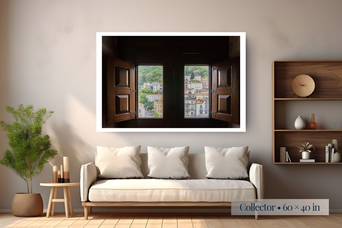 Collector: What Will the New Day Bring? shown as a Collector 60 × 40-inch print above a sofa.