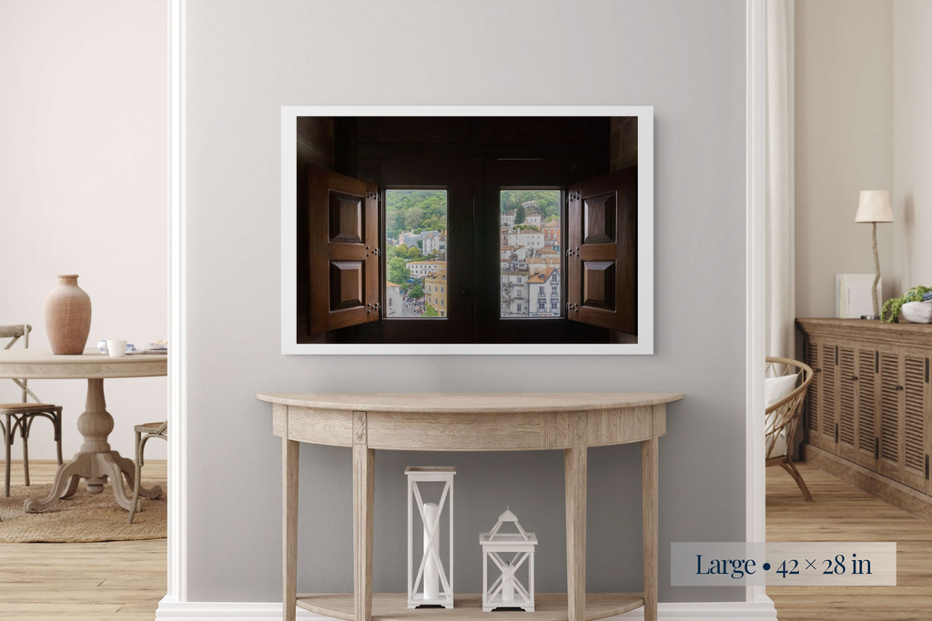 Large: What Will the New Day Bring? shown as a Large 42 × 28-inch print above a console table.