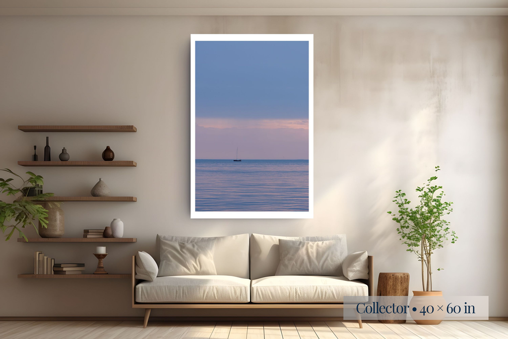 Collector: Where Stillness Begins shown as a Collector 40 × 60-inch print above a sofa.