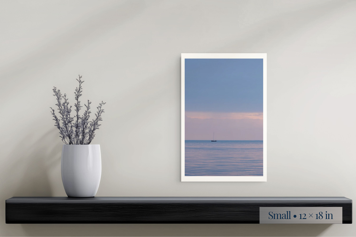 Small: Where Stillness Begins shown as a Small 12 × 18-inch print above a shelf.