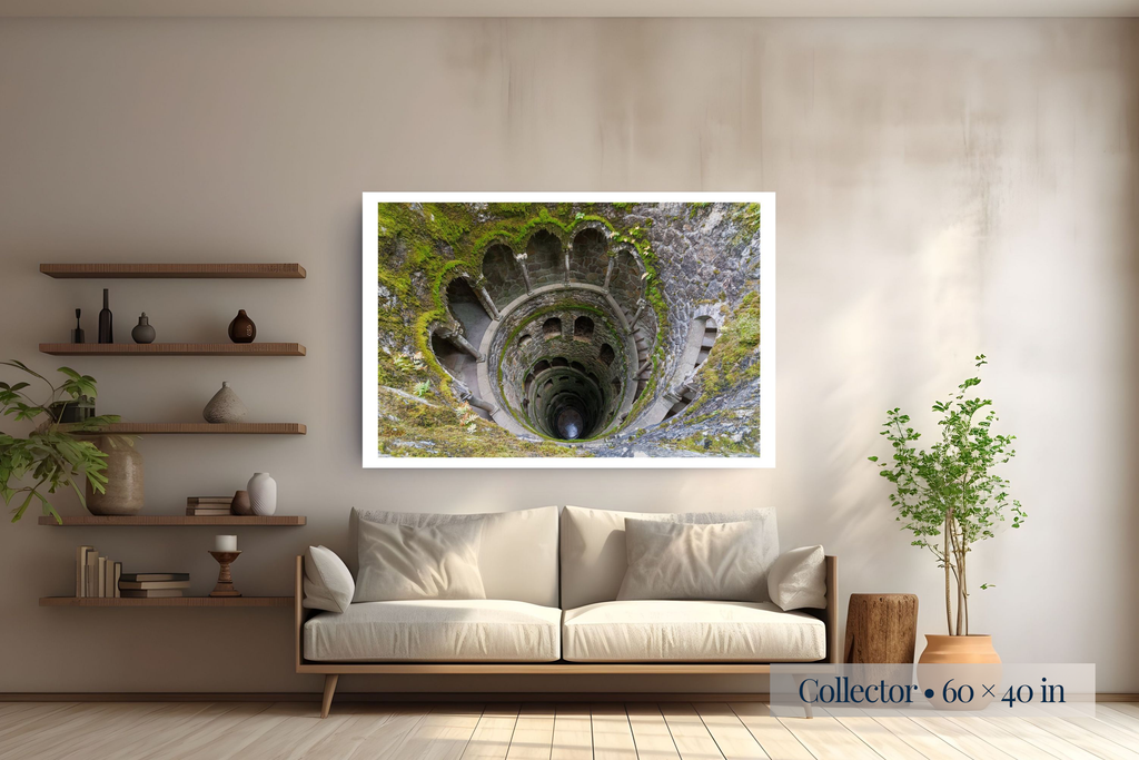 Collector: Where Time and Depth Intersect shown as a Collector 60 × 40-inch print above a sofa.