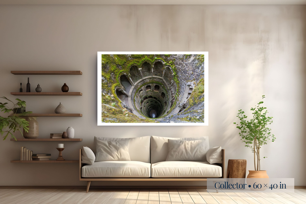 Collector: Where Time and Depth Intersect shown as a Collector 60 × 40-inch print above a sofa.