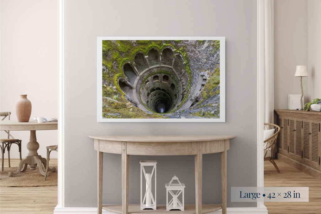 Large: Where Time and Depth Intersect shown as a Large 42 × 28-inch print above a console table.