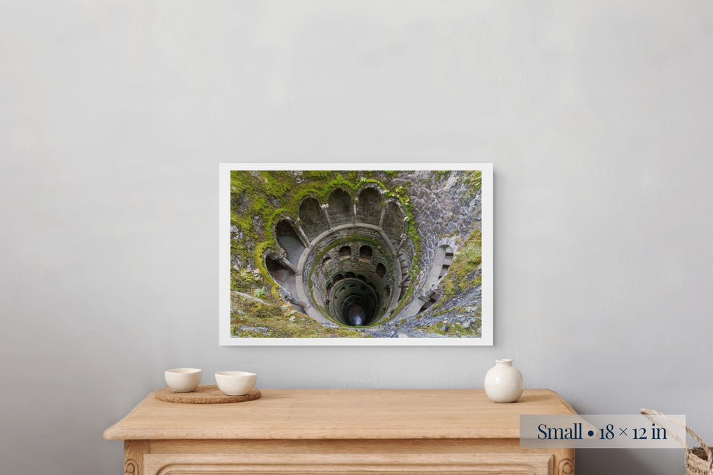 Small: Where Time and Depth Intersect shown as a Small 18 × 12-inch print above a nightstand.