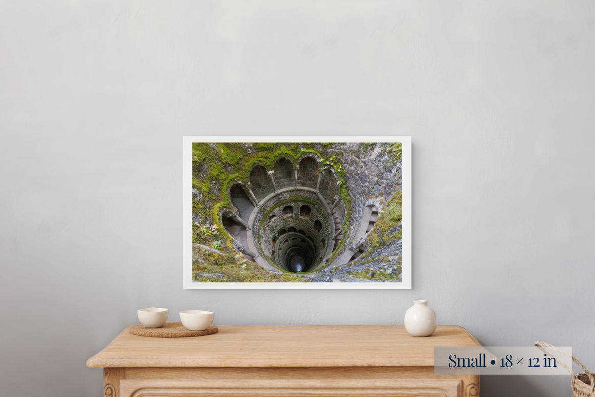 Small: Where Time and Depth Intersect shown as a Small 18 × 12-inch print above a nightstand.
